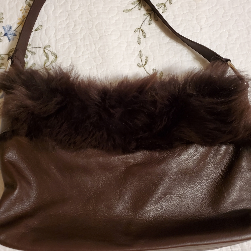 Falor Brown Leather Fur Trimmed Handbag